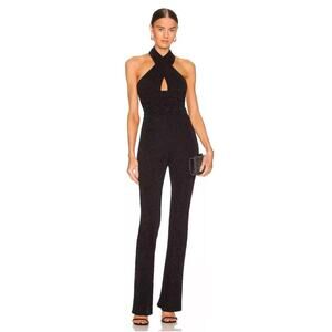 CAMILA COELHO Emery Jumpsuit Size L Metallic Black Halter Neck Stretch Cocktail